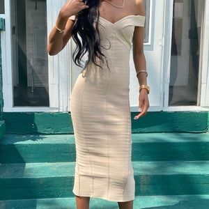 Nude Ribbed Off Shoulder Bandage Dress